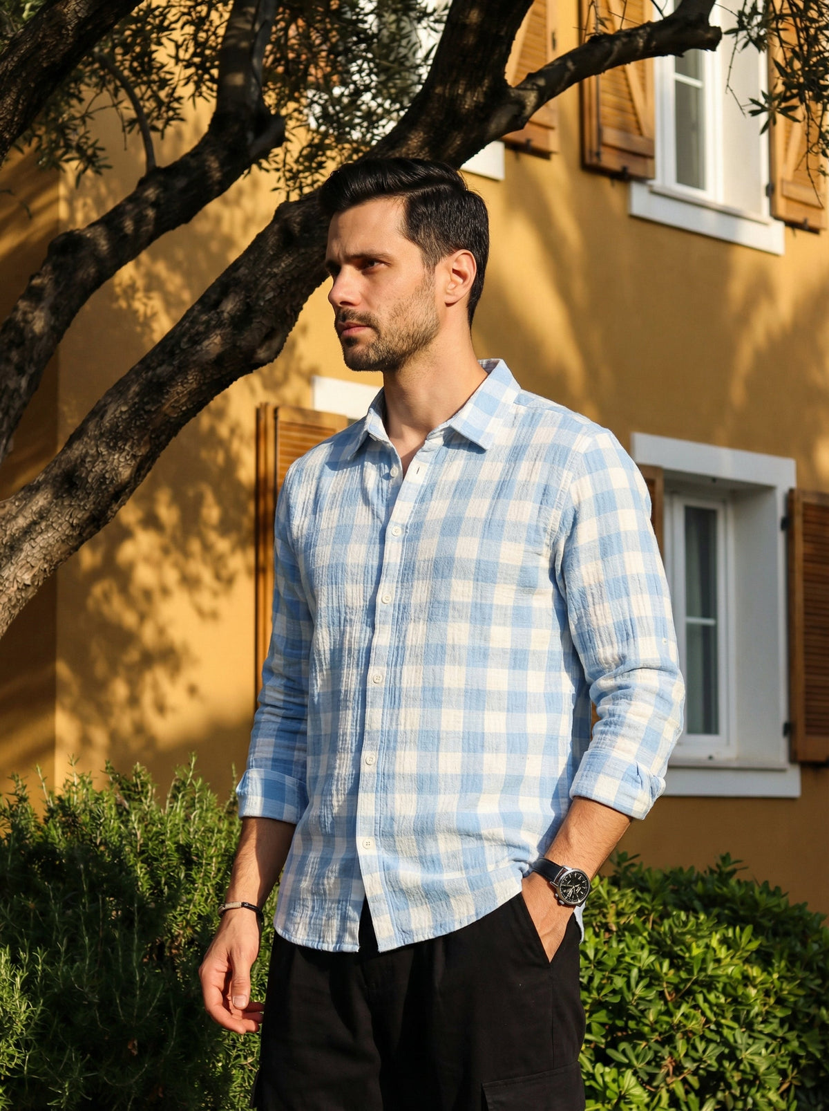 Blue Spread Collar Long Sleeves Gingham Checks Cotton Shirt For Men