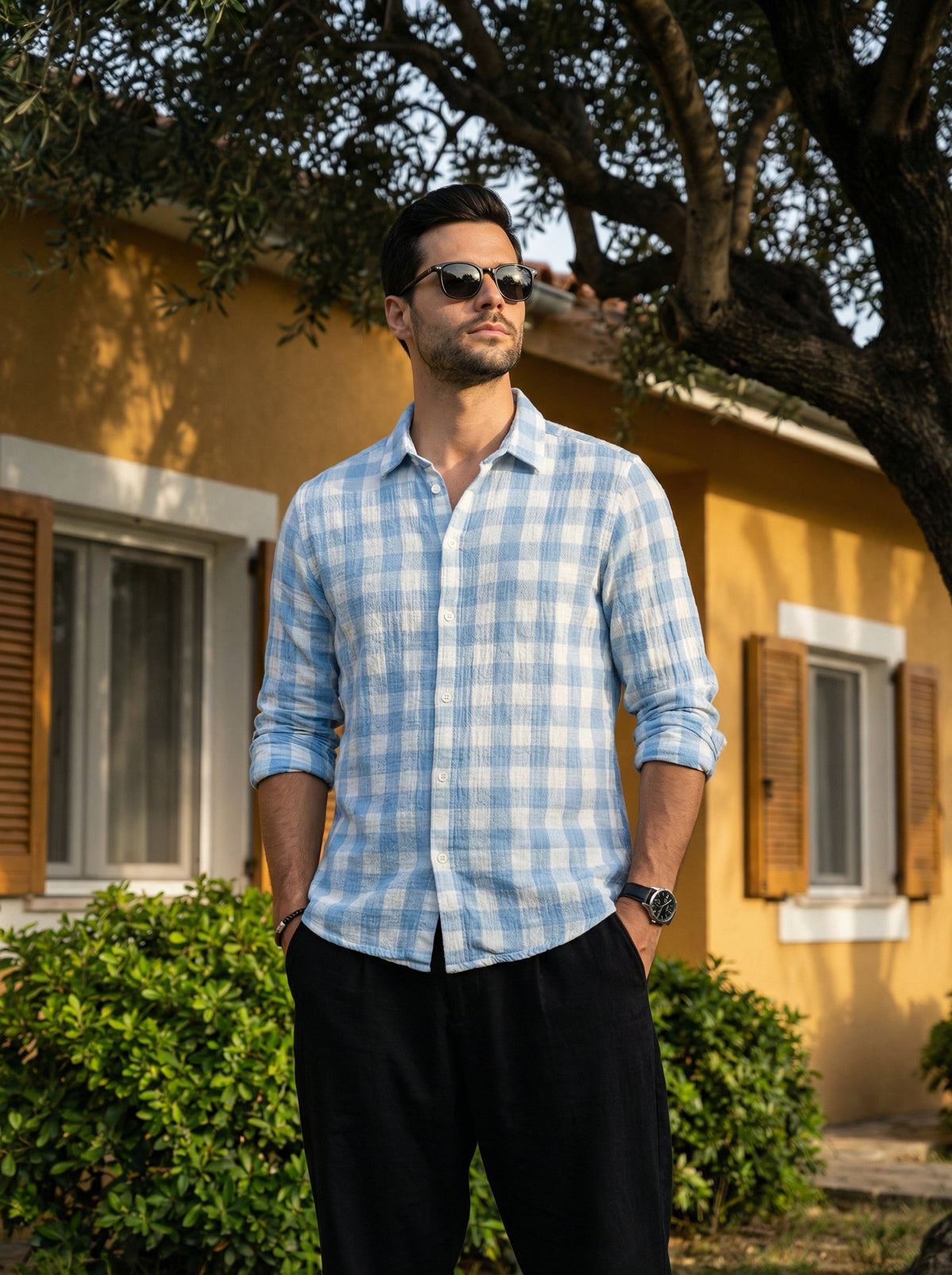 Blue Spread Collar Long Sleeves Gingham Checks Cotton Shirt For Men