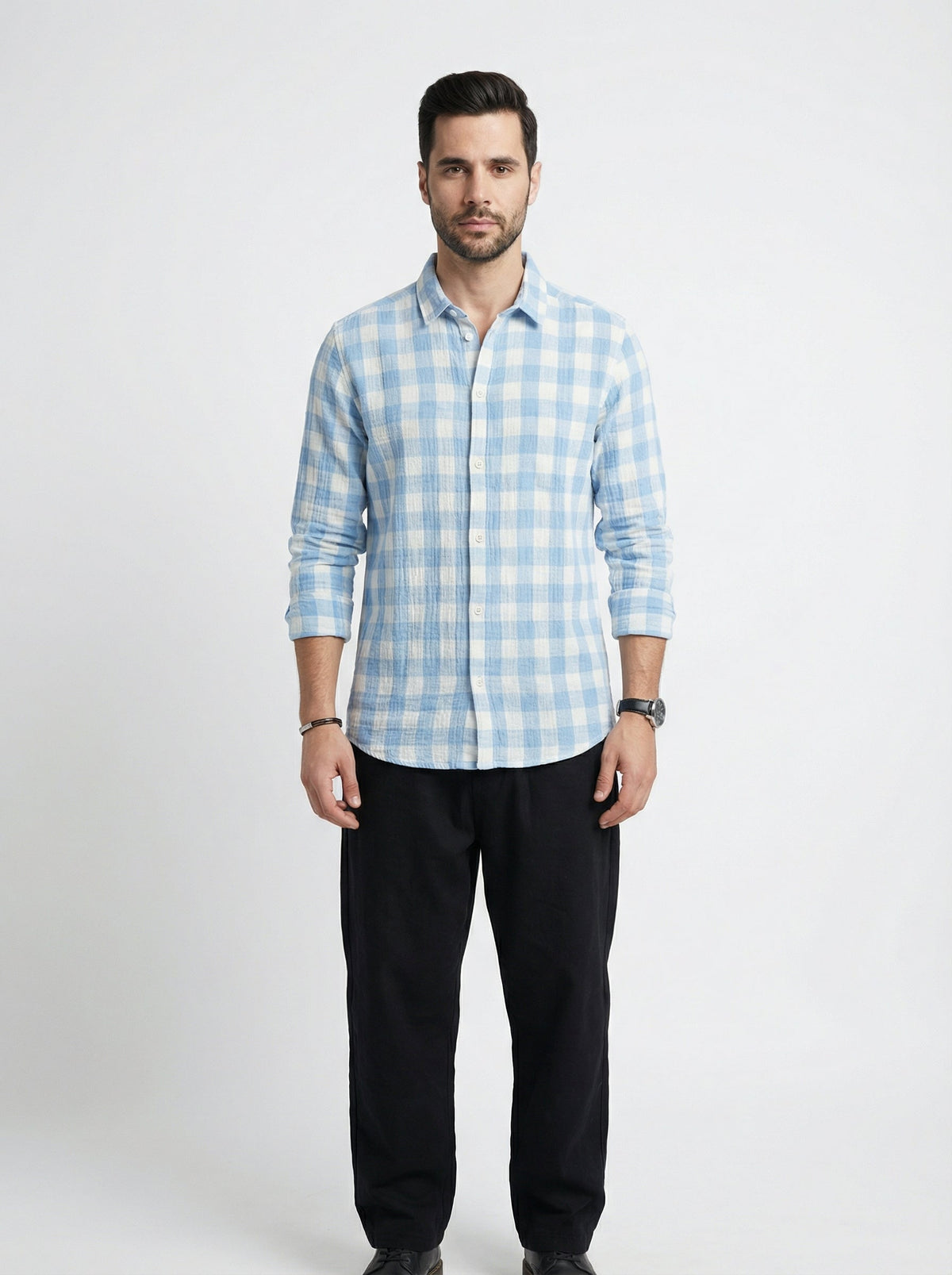 Blue Spread Collar Long Sleeves Gingham Checks Cotton Shirt For Men