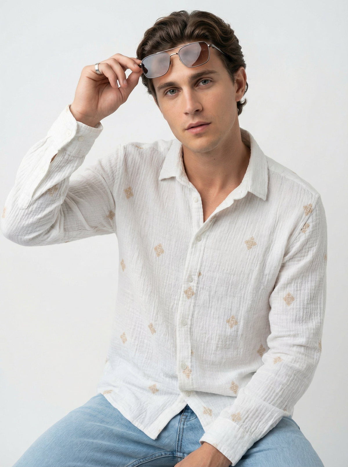 White Spread Collar Geometric Print Cotton Shirt For Men