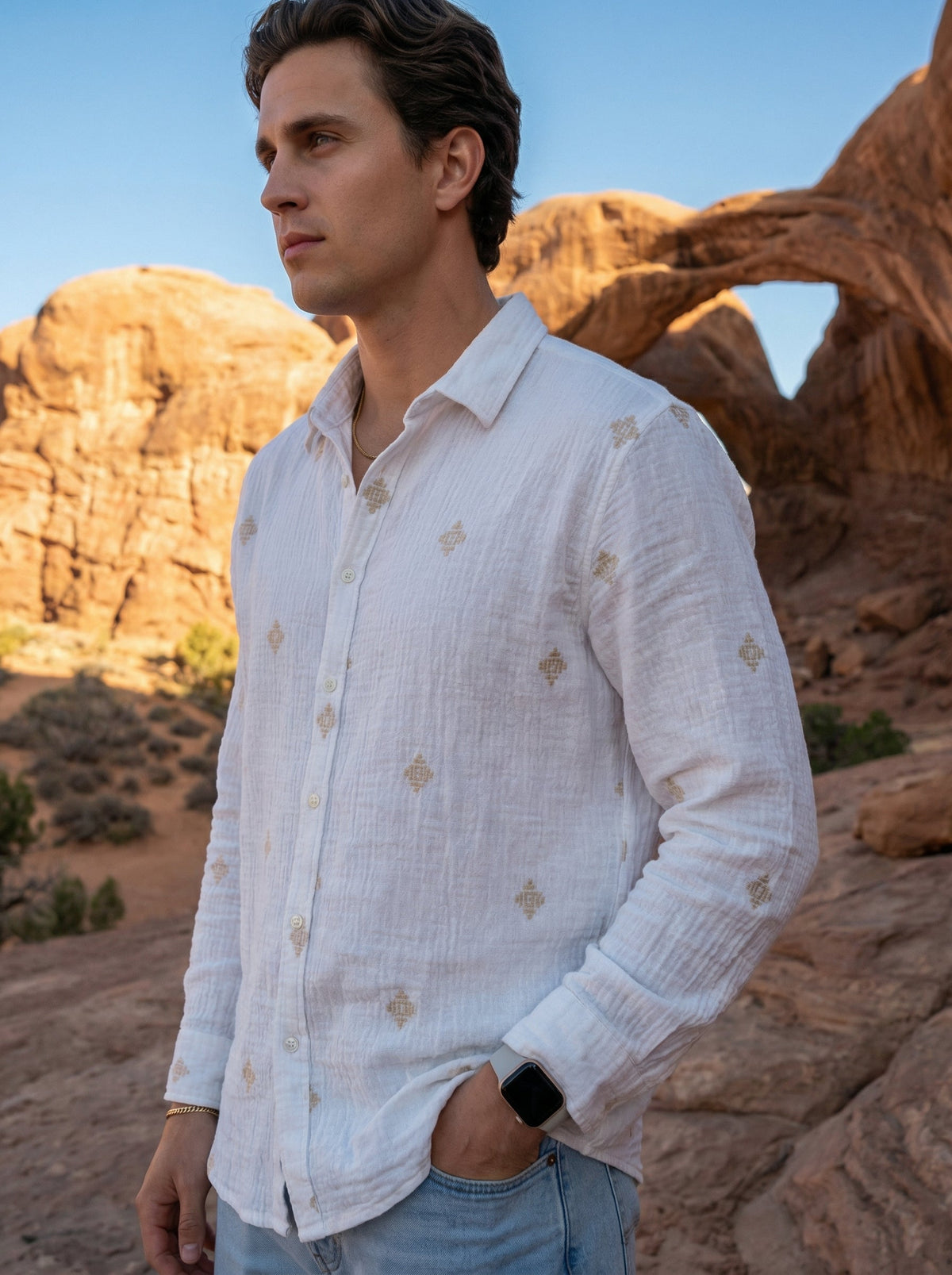 White Spread Collar Geometric Print Cotton Shirt For Men