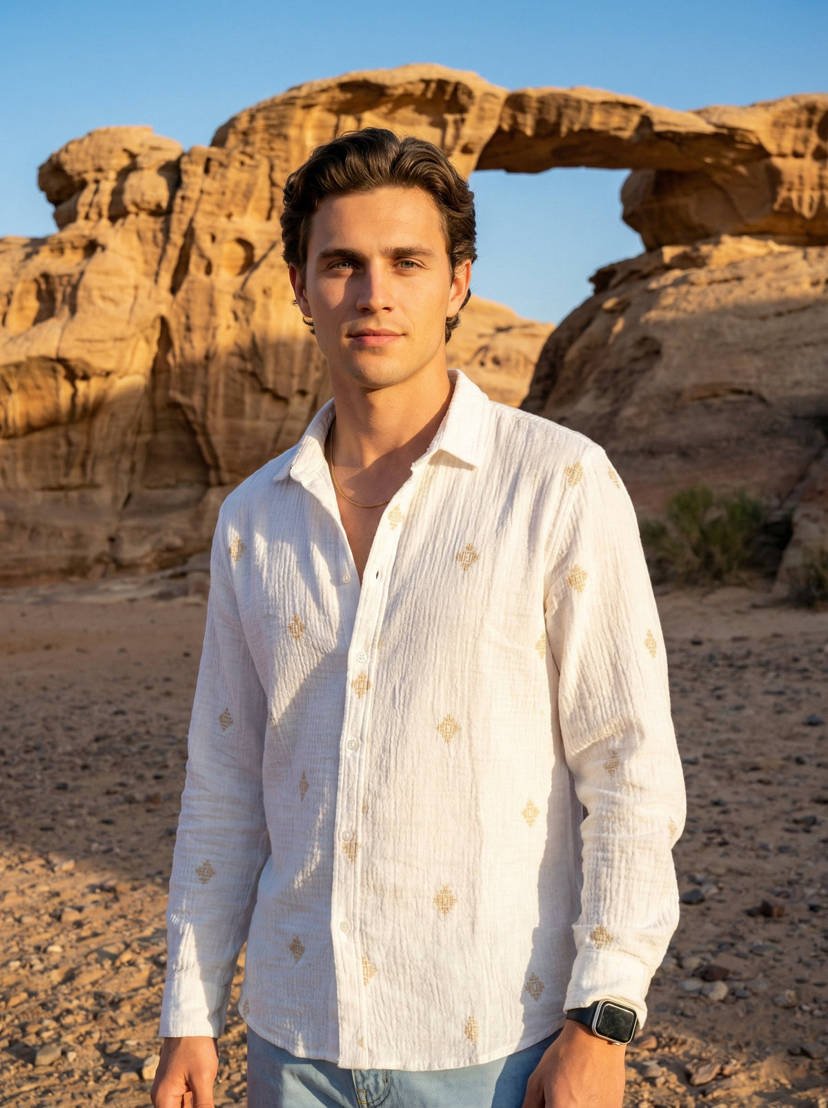 White Spread Collar Geometric Print Cotton Shirt For Men