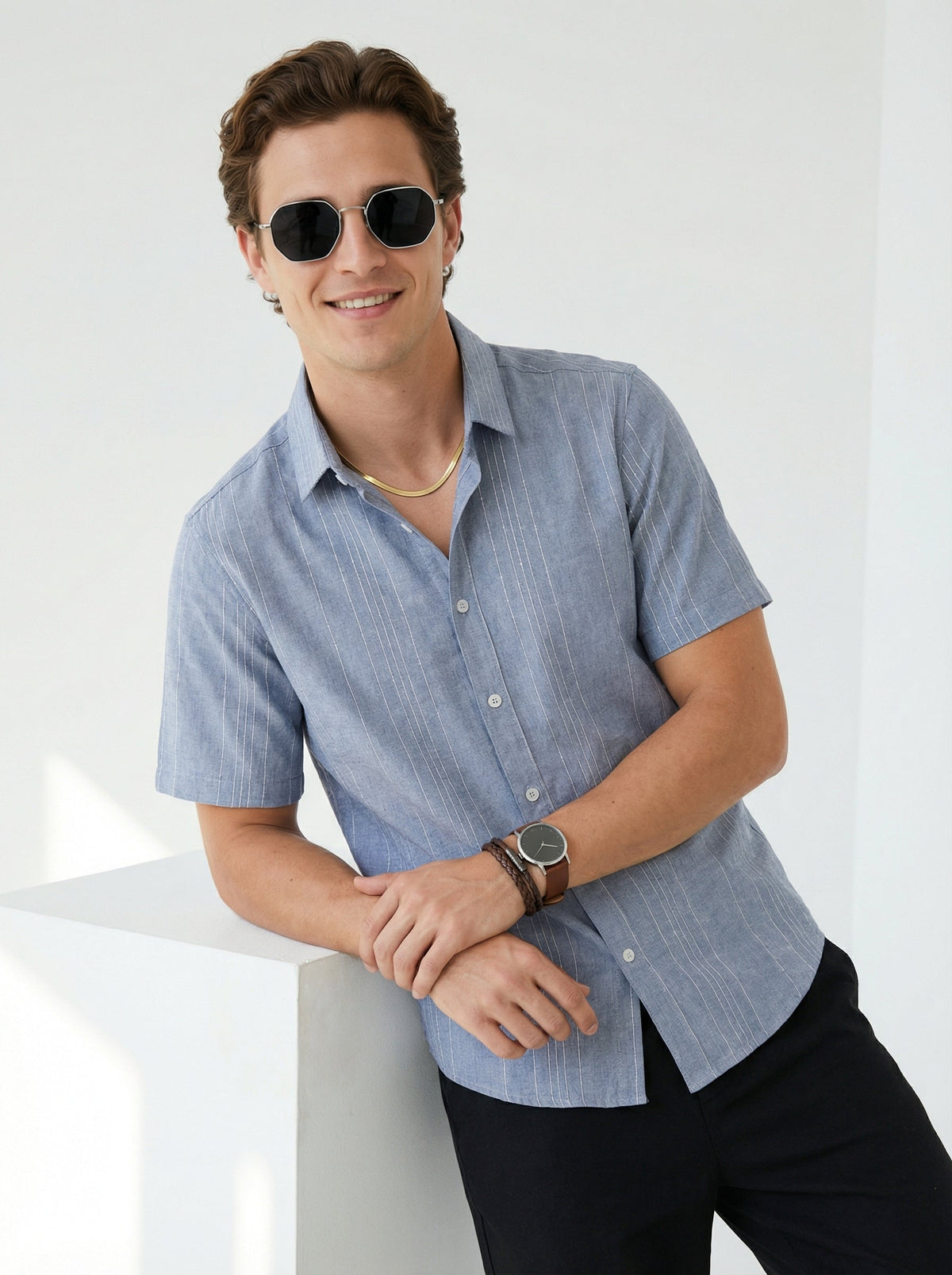 Blue Spread Collar Vertical Stripes Cotton Shirt For Men