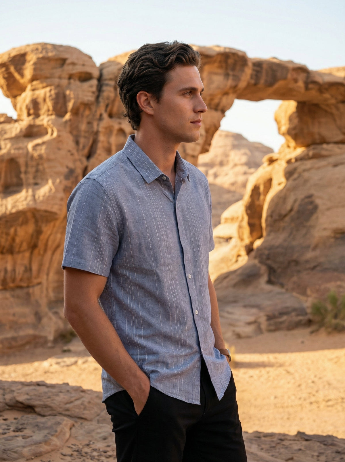 Blue Spread Collar Vertical Stripes Cotton Shirt For Men