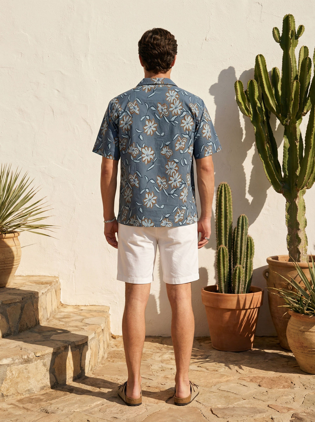 Blue Spread Collar Floral Print Casual Cotton Shirt For Men