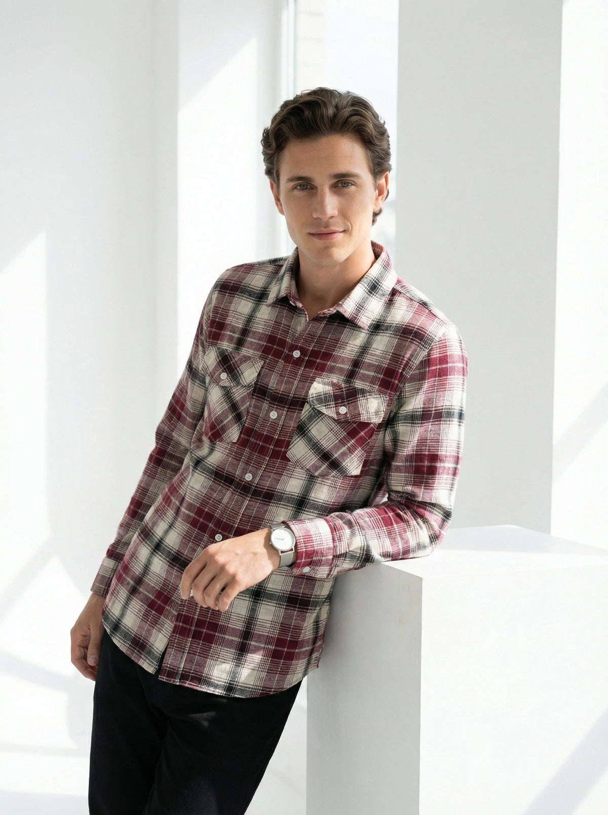 Red Spread Collar Long Sleeves Gingham Checks Cotton Shirt For Men