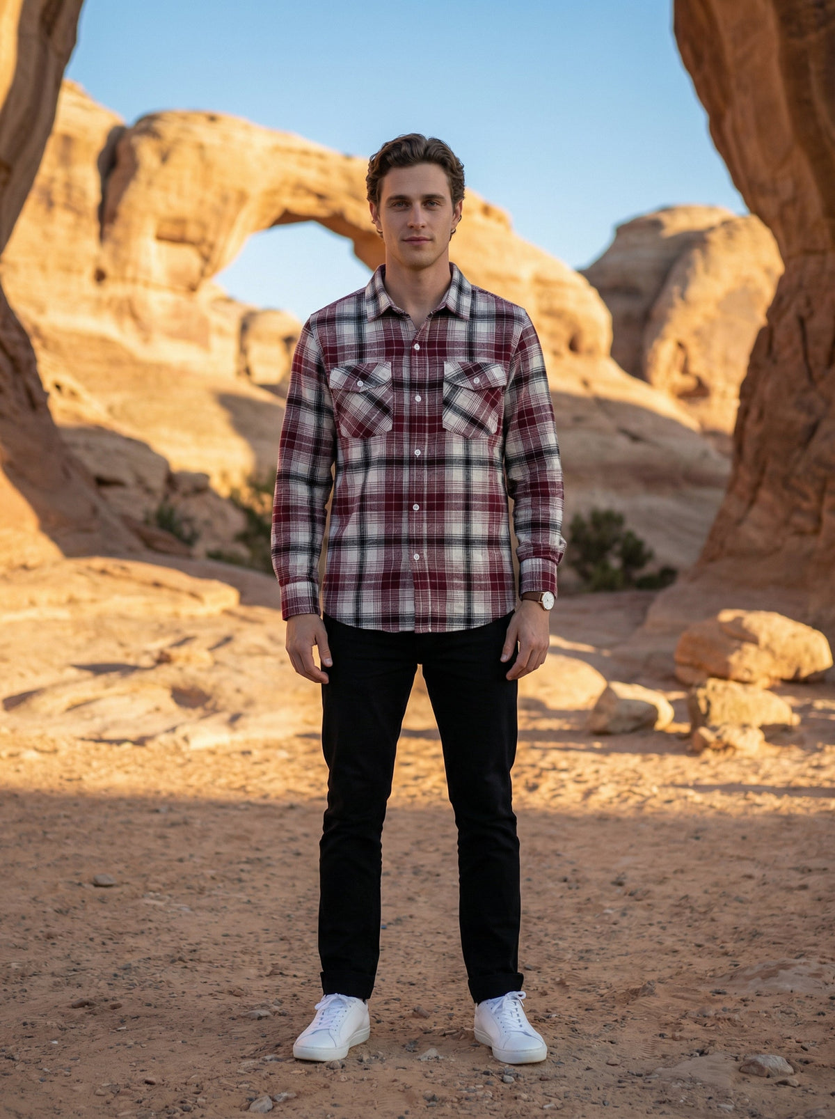 Red Spread Collar Long Sleeves Gingham Checks Cotton Shirt For Men