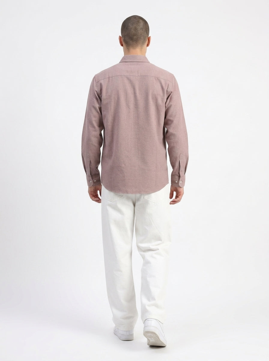 Mauve Spread Collar Solid Long Sleeves Cotton Shirt For Men