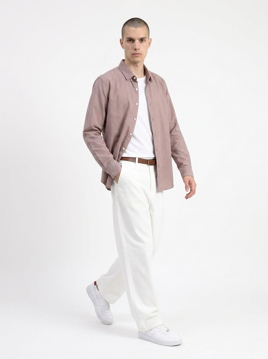 Mauve Spread Collar Solid Long Sleeves Cotton Shirt For Men