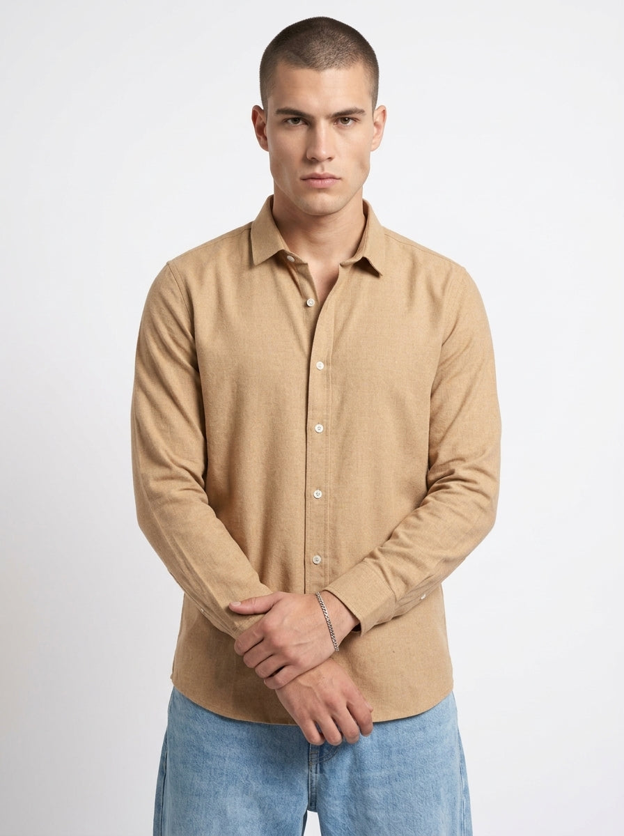 Camel Brown Spread Collar Solid Long Sleeves Cotton Shirt For Men