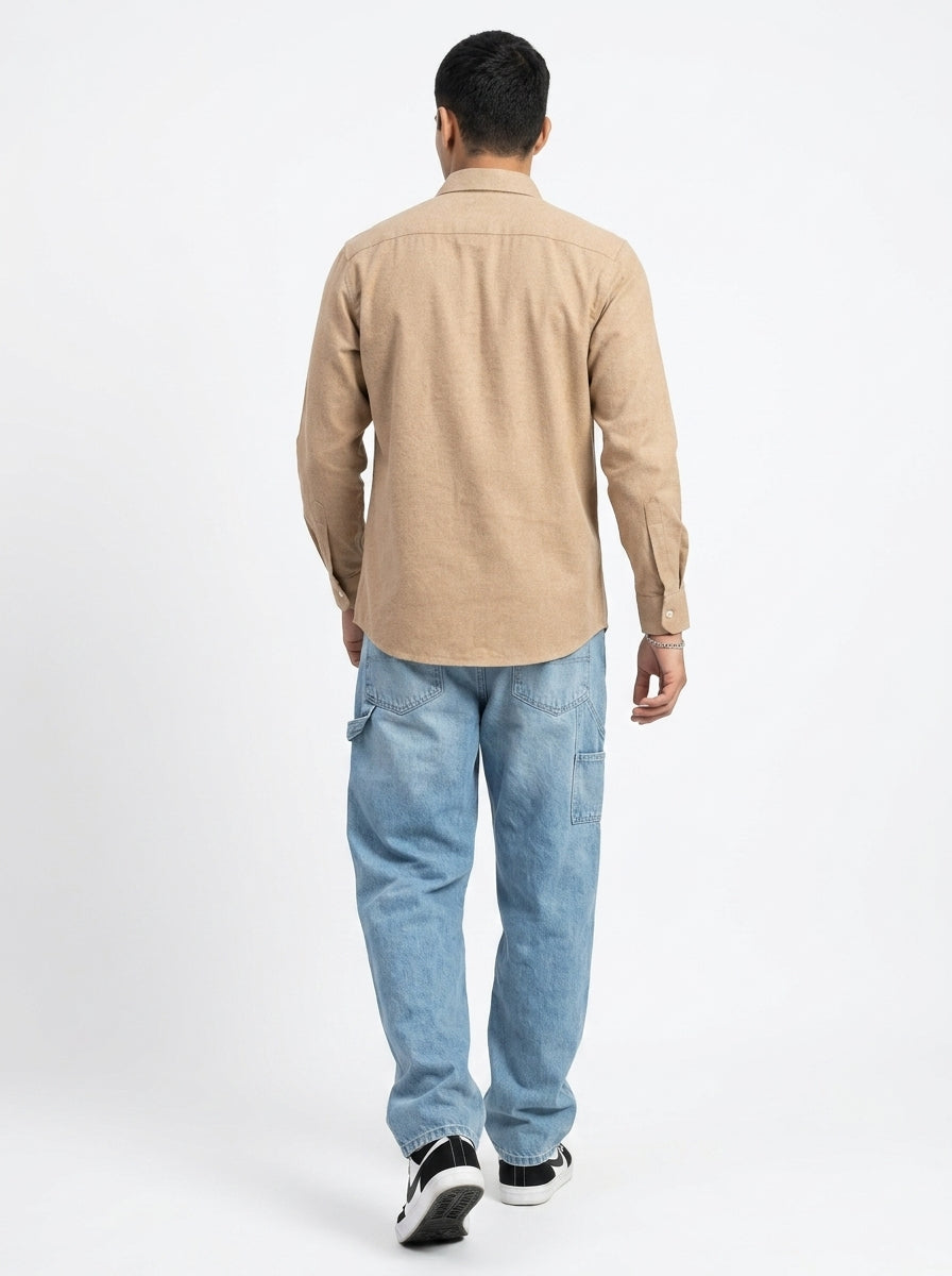 Camel Brown Spread Collar Solid Long Sleeves Cotton Shirt For Men