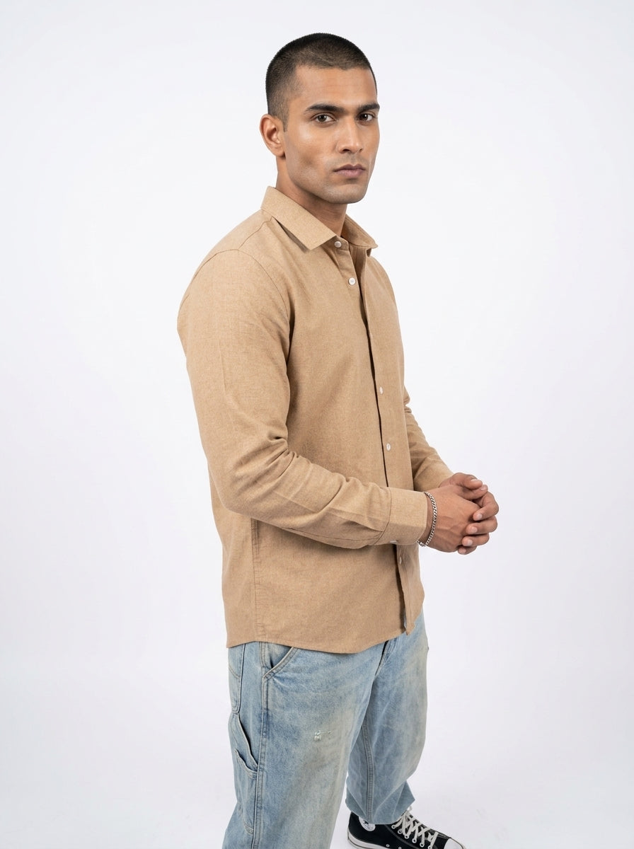 Camel Brown Spread Collar Solid Long Sleeves Cotton Shirt For Men