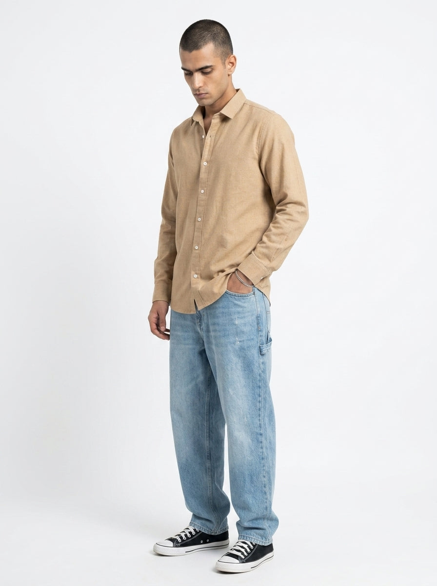 Camel Brown Spread Collar Solid Long Sleeves Cotton Shirt For Men