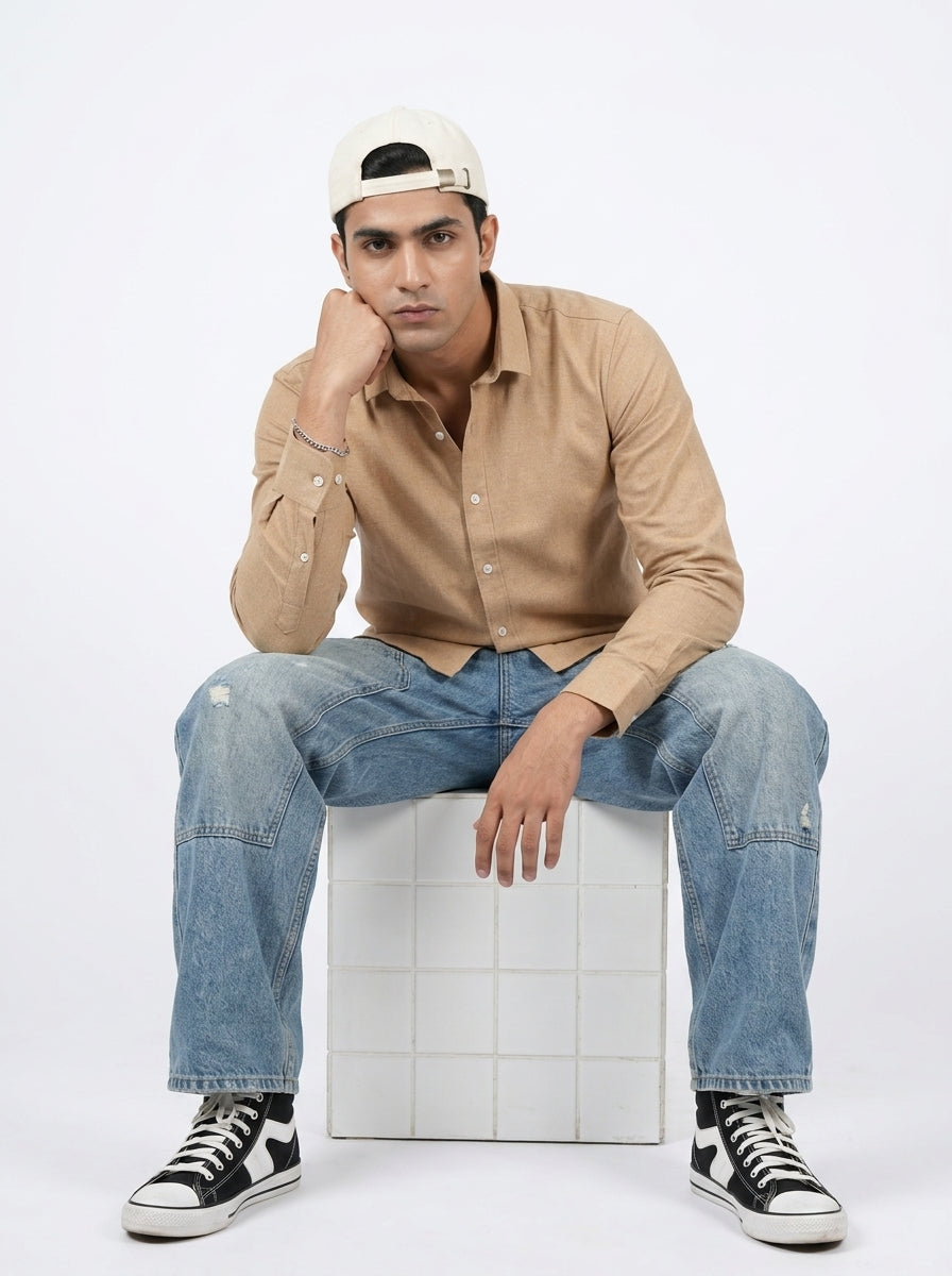 Camel Brown Spread Collar Solid Long Sleeves Cotton Shirt For Men