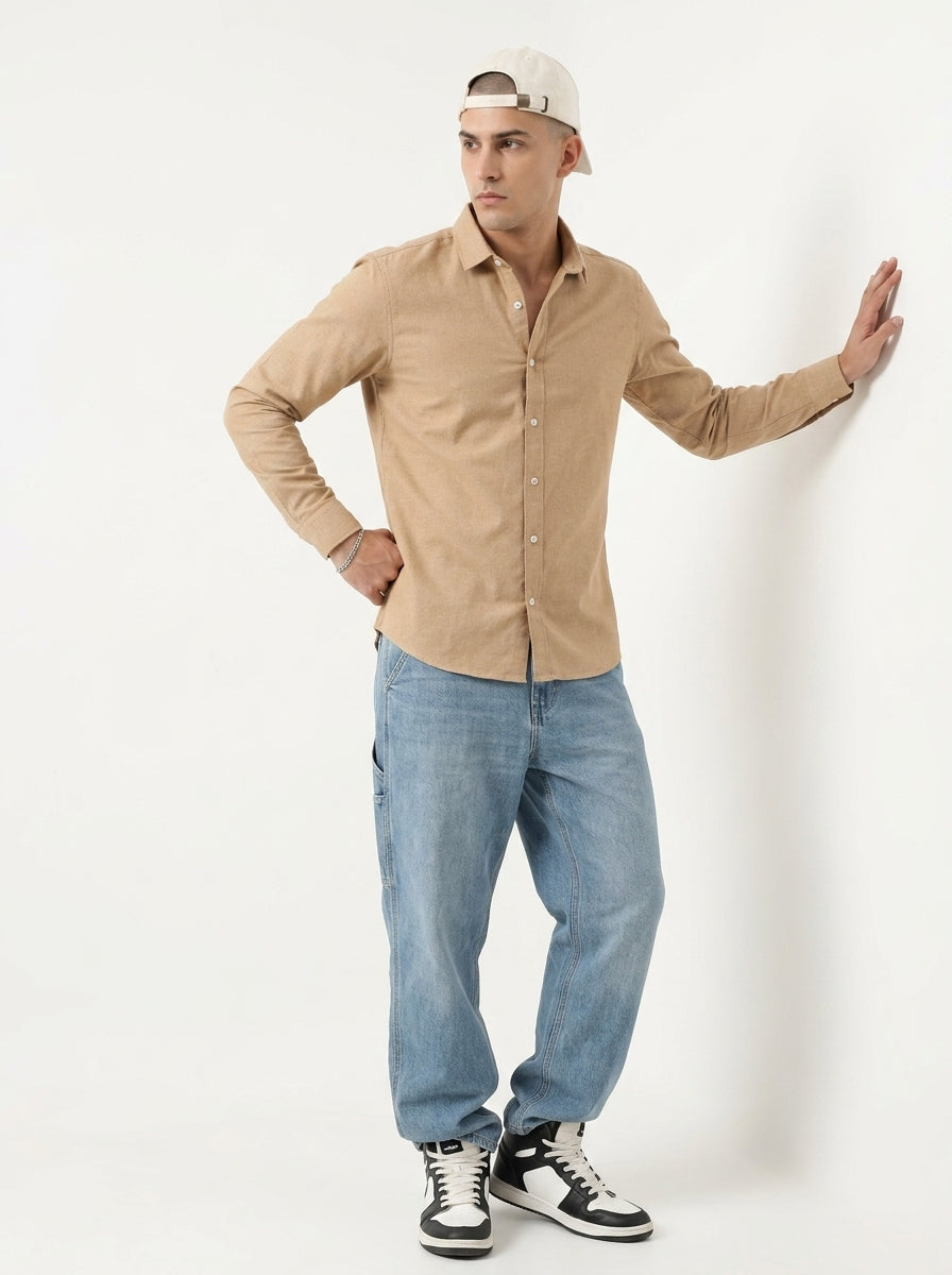 Camel Brown Spread Collar Solid Long Sleeves Cotton Shirt For Men