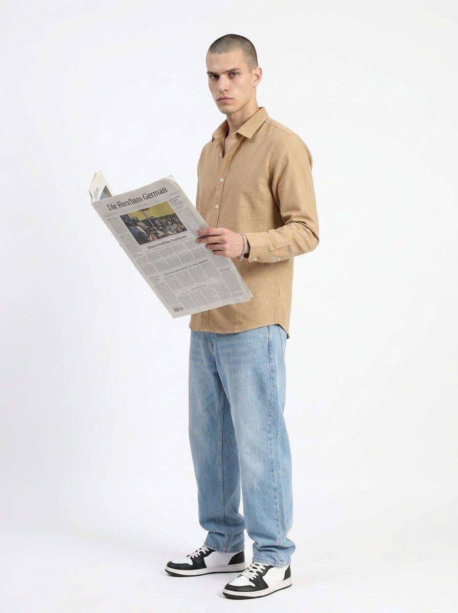 Camel Brown Spread Collar Solid Long Sleeves Cotton Shirt For Men