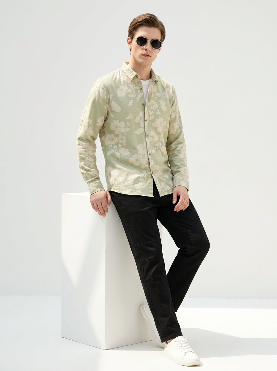 Green Band Collar Floral Print Casual Cotton Shirt For Men
