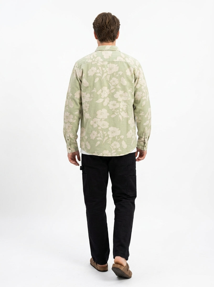 Green Band Collar Floral Print Casual Cotton Shirt For Men