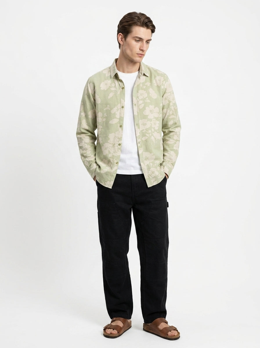 Green Band Collar Floral Print Casual Cotton Shirt For Men