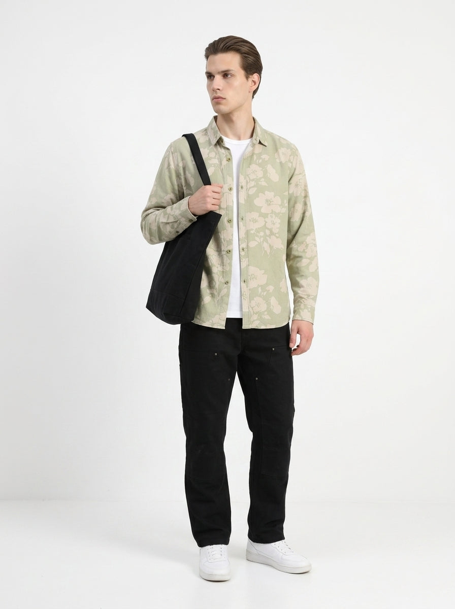 Green Band Collar Floral Print Casual Cotton Shirt For Men