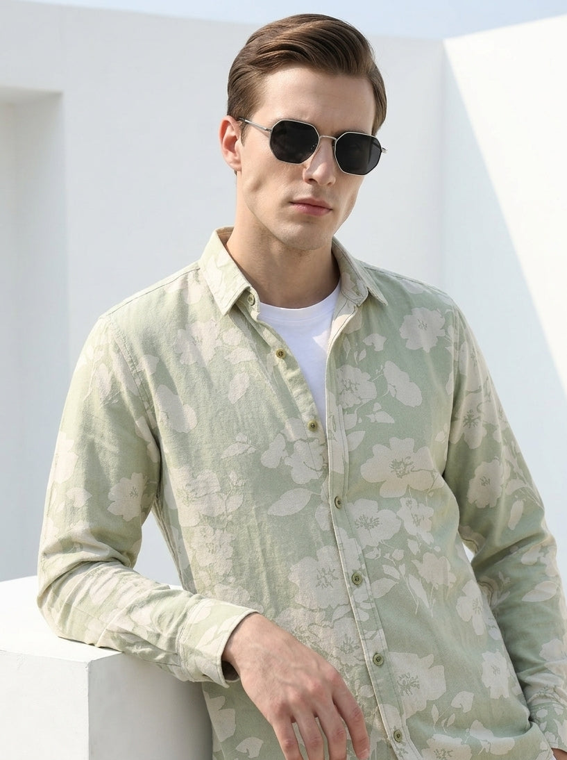 Green Band Collar Floral Print Casual Cotton Shirt For Men