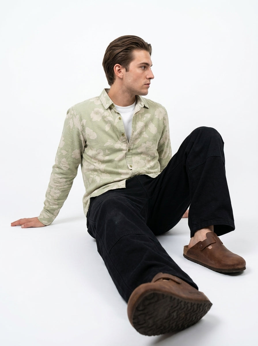 Green Band Collar Floral Print Casual Cotton Shirt For Men