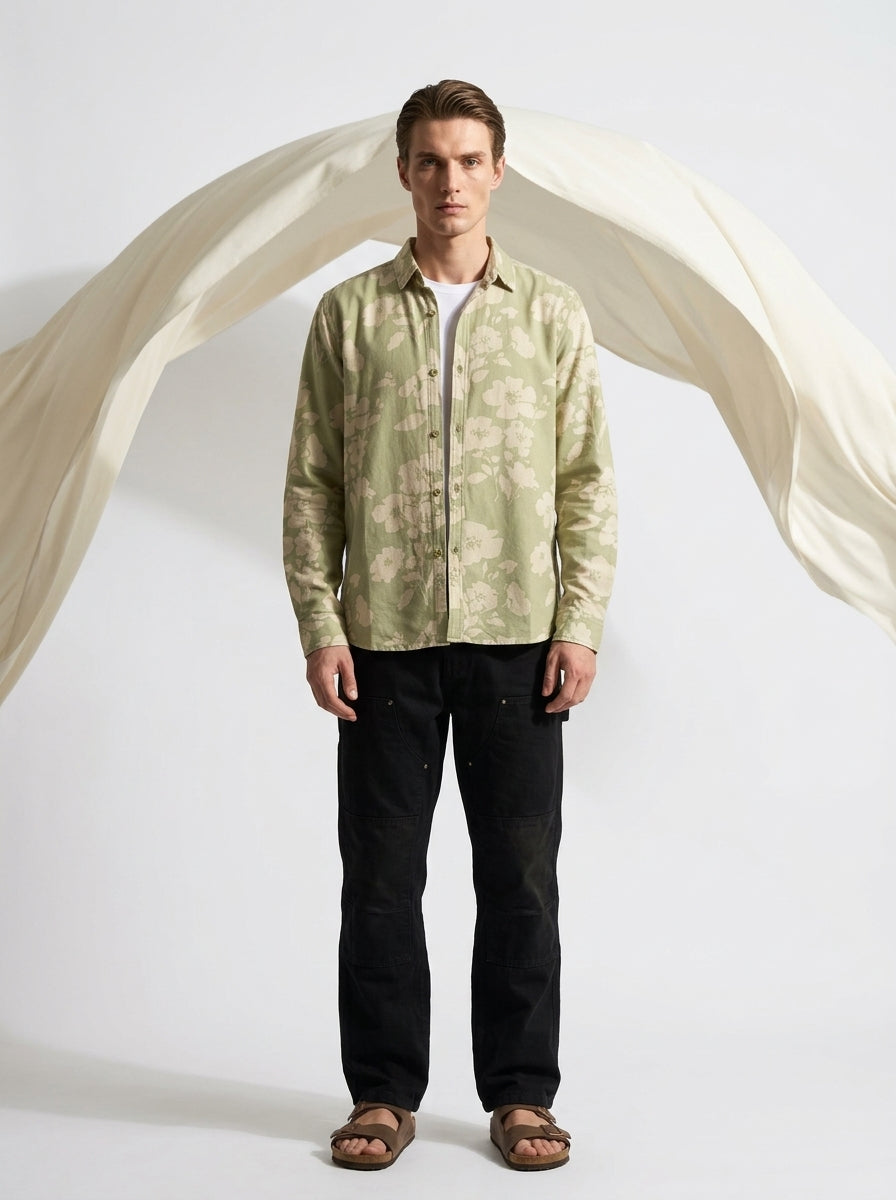 Green Band Collar Floral Print Casual Cotton Shirt For Men