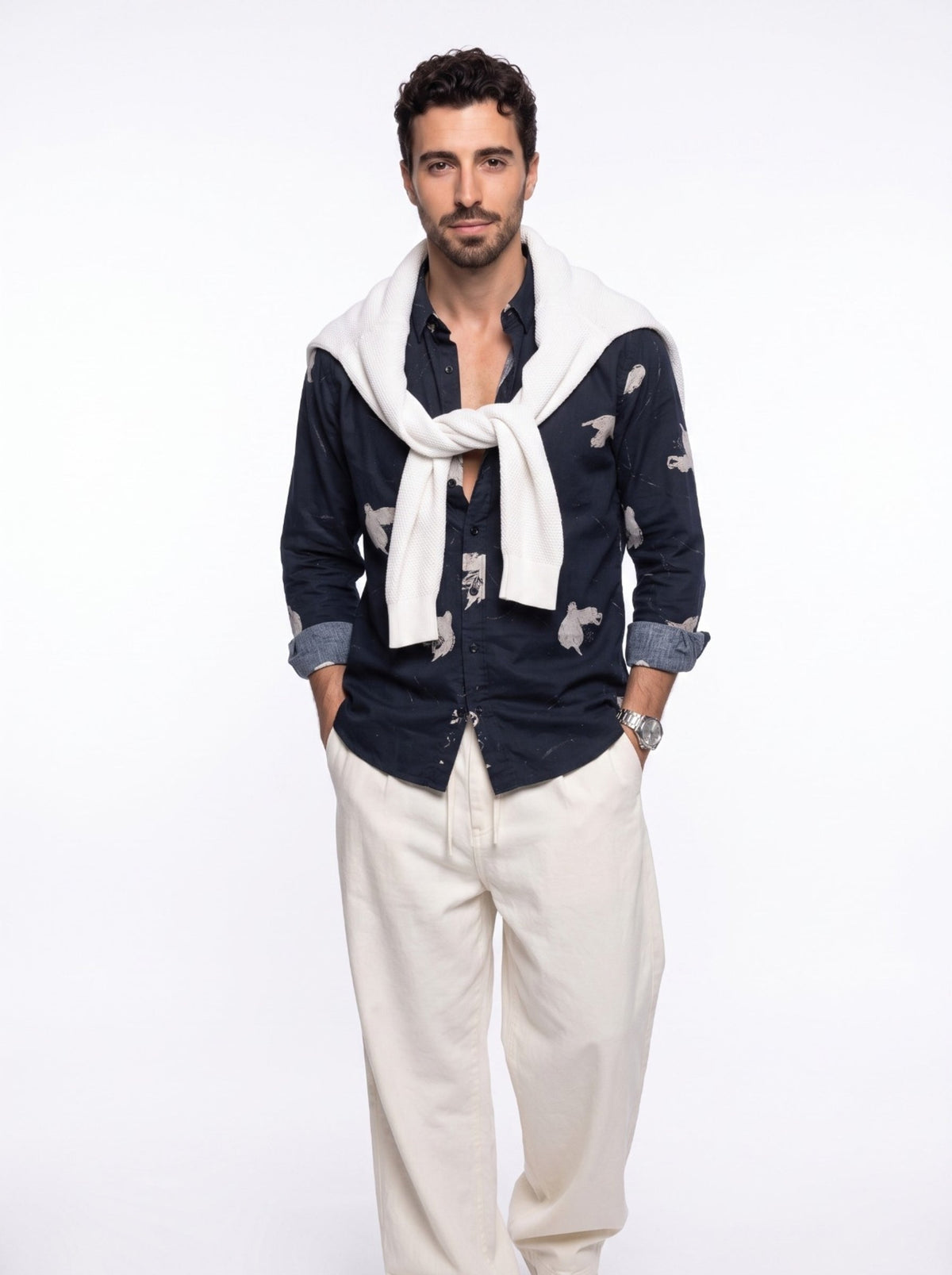 Navy Blue Band Collar Abstract Print Casual Cotton Shirt For Men