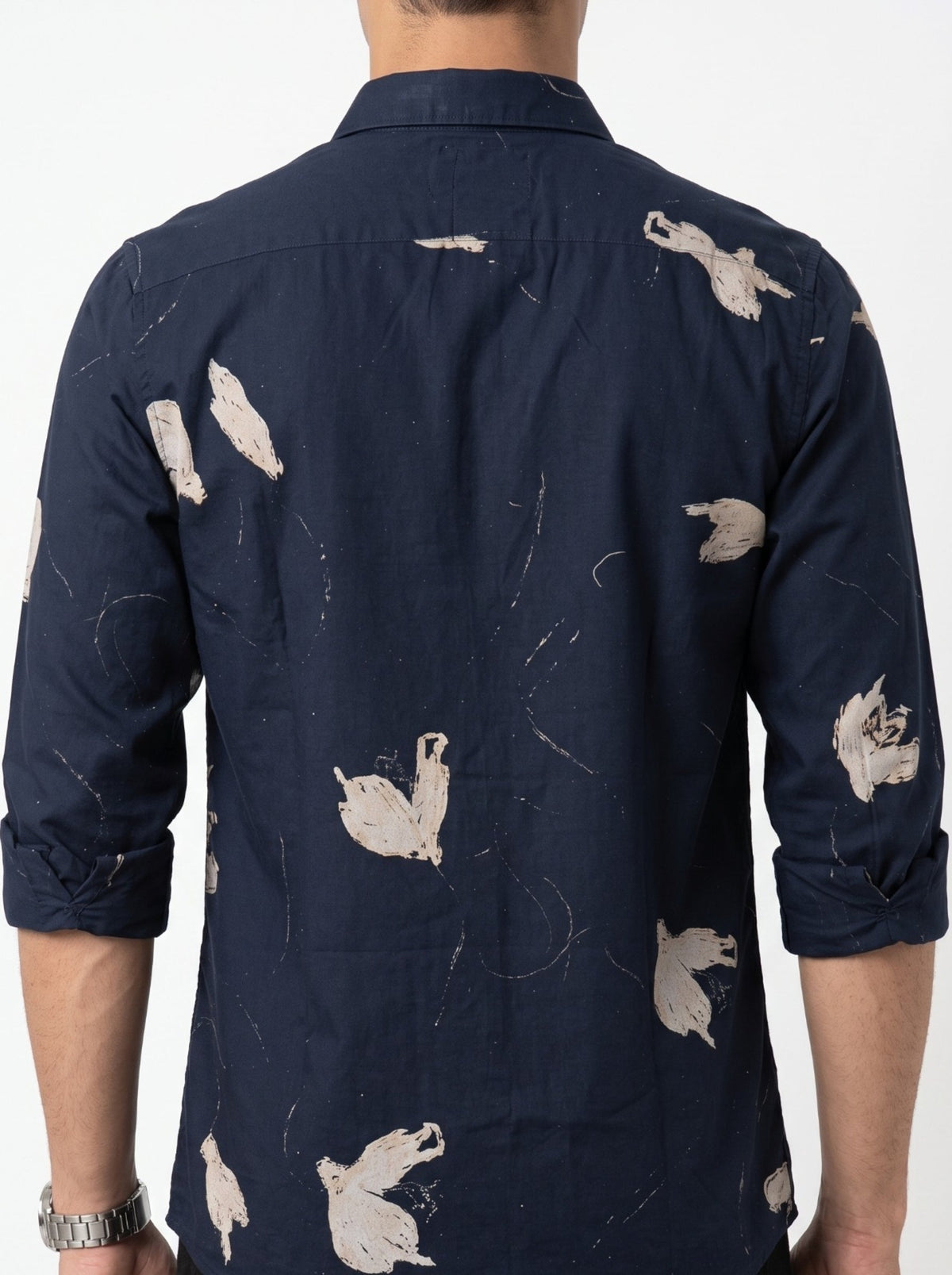 Navy Blue Band Collar Abstract Print Casual Cotton Shirt For Men