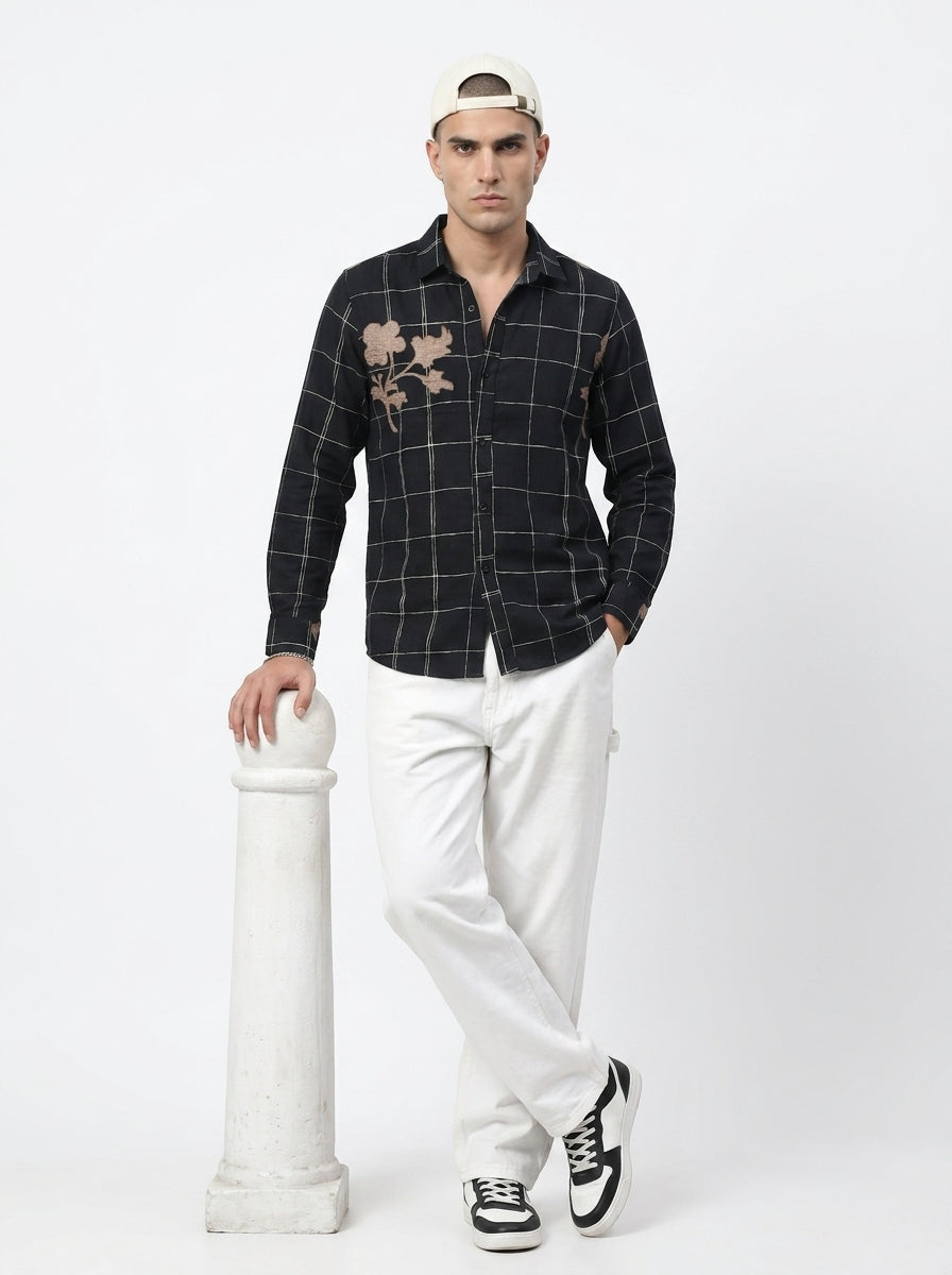 Black Band Collar Gingham Checks Long Sleeves Cotton Shirt For Men