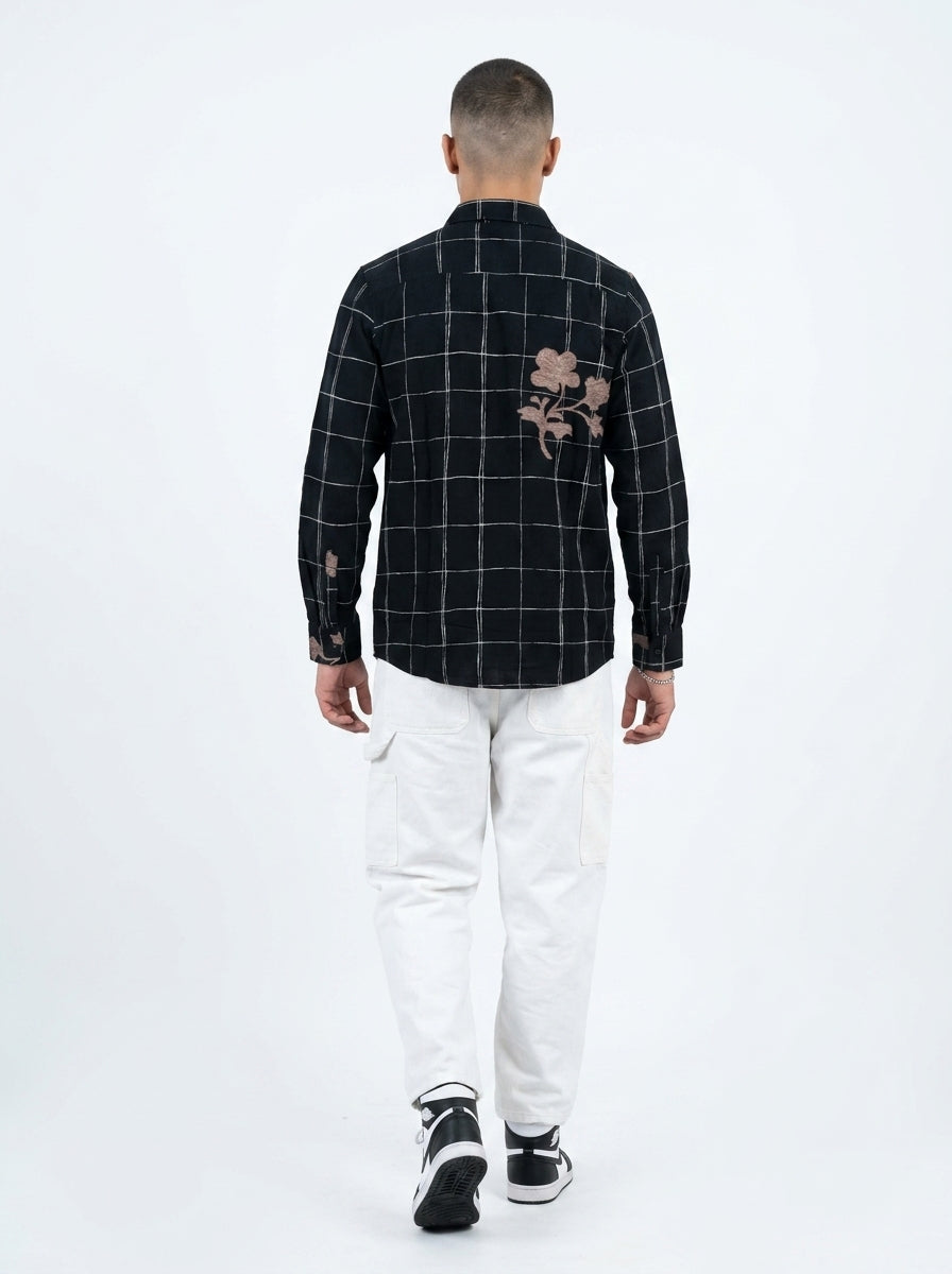 Black Band Collar Gingham Checks Long Sleeves Cotton Shirt For Men