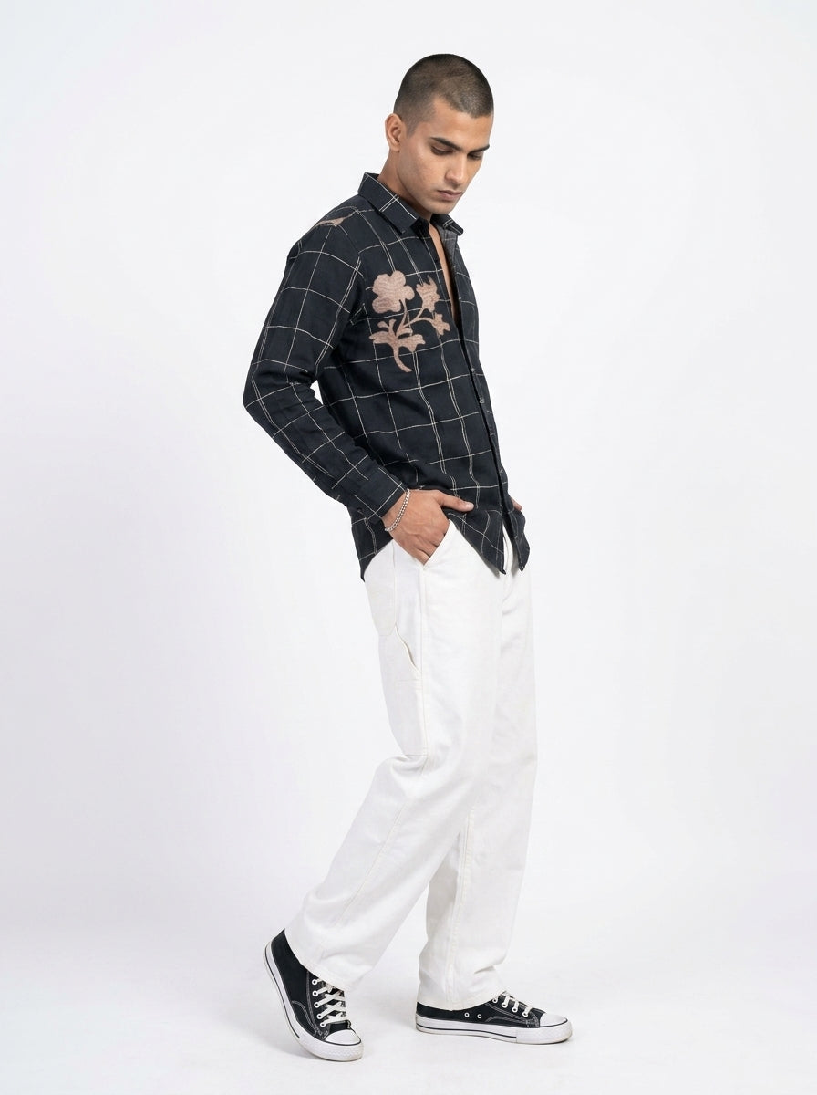 Black Band Collar Gingham Checks Long Sleeves Cotton Shirt For Men