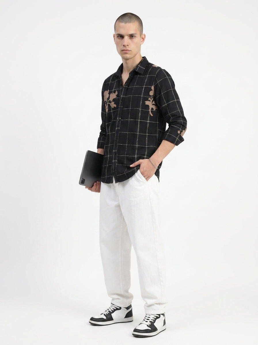 Black Band Collar Gingham Checks Long Sleeves Cotton Shirt For Men