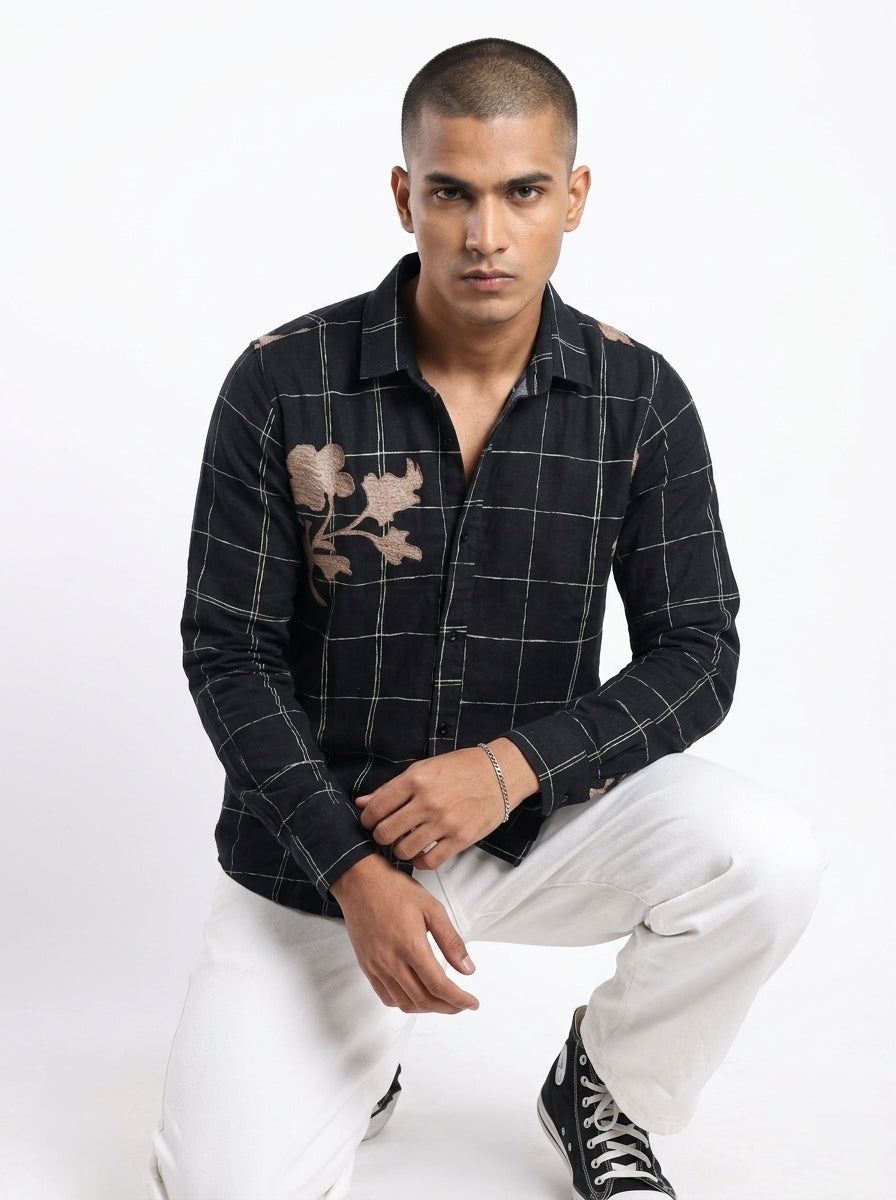 Black Band Collar Gingham Checks Long Sleeves Cotton Shirt For Men