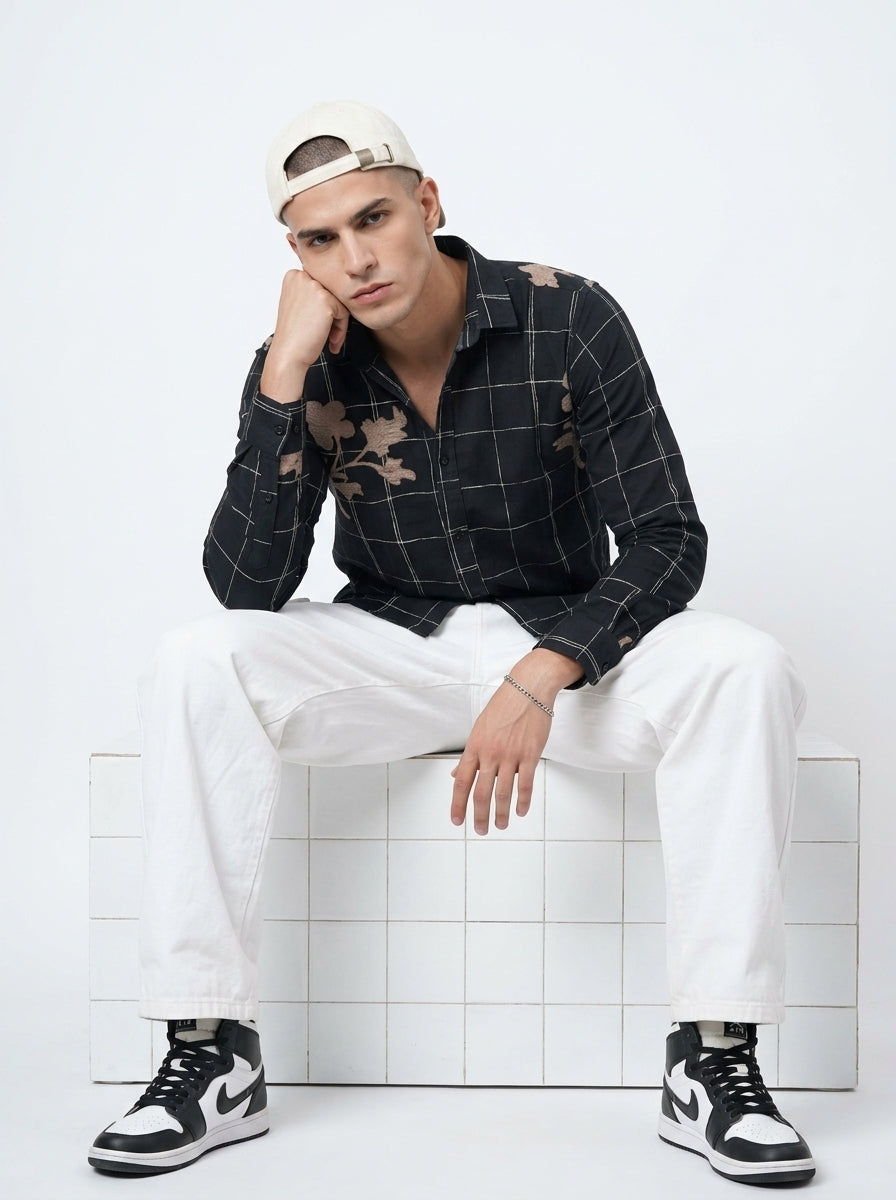 Black Band Collar Gingham Checks Long Sleeves Cotton Shirt For Men