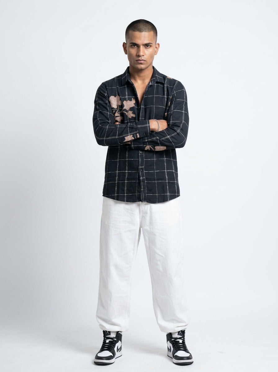 Black Band Collar Gingham Checks Long Sleeves Cotton Shirt For Men