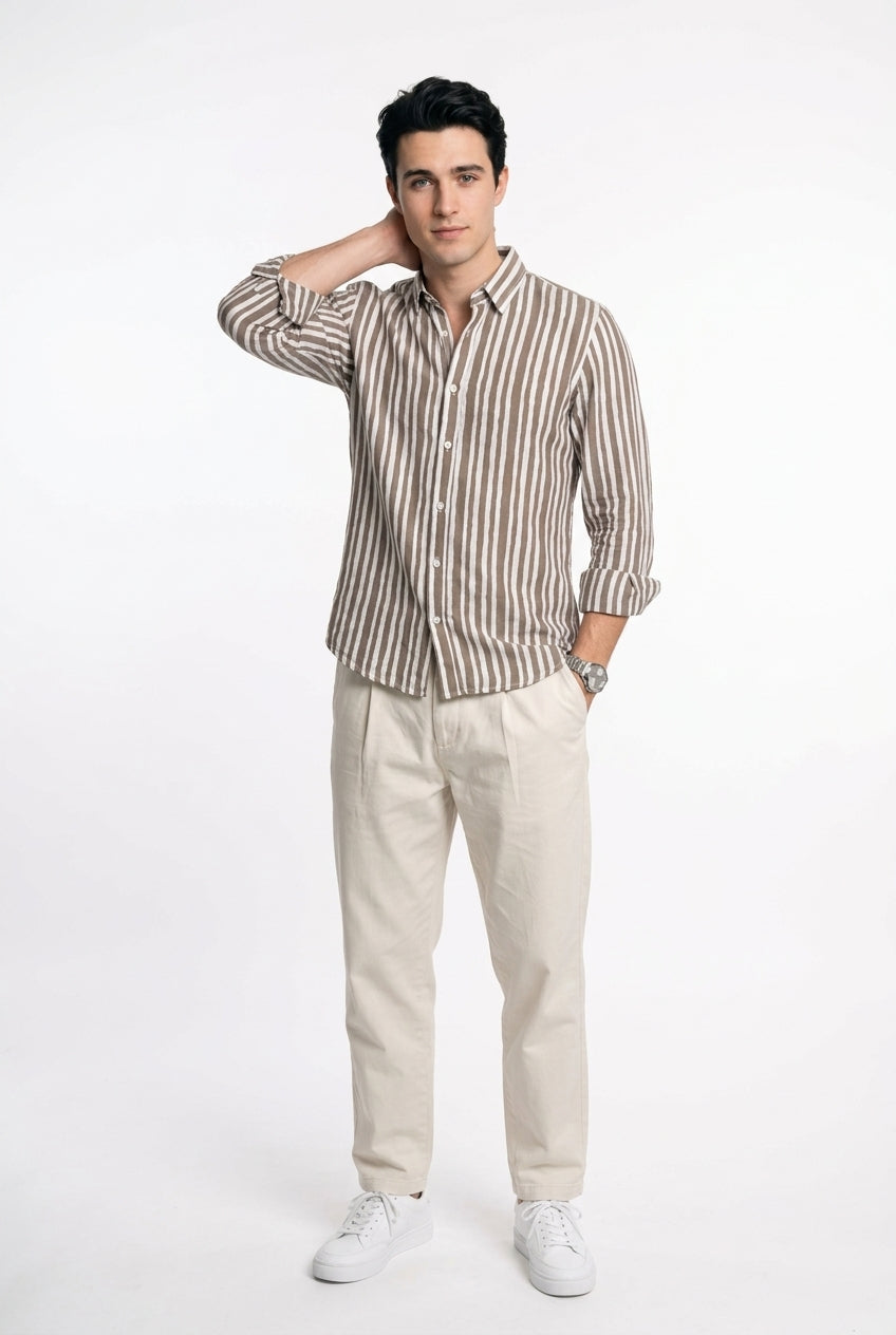 Taupe & White Vertical Striped Band Collar Regular Fit Casual Shirt For Men