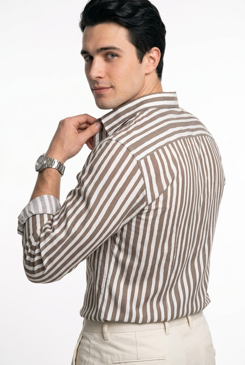 Taupe & White Vertical Striped Band Collar Regular Fit Casual Shirt For Men