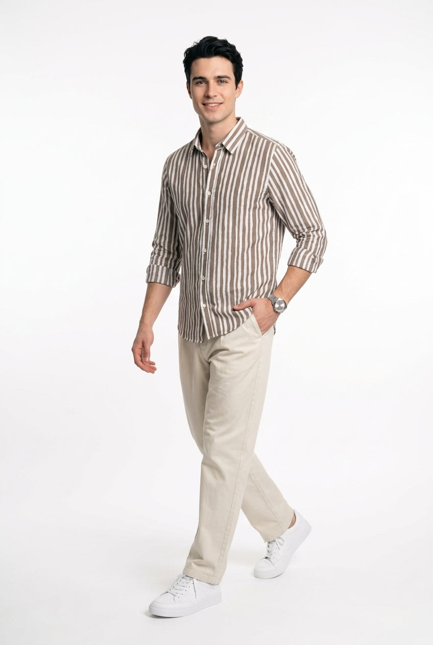 Taupe & White Vertical Striped Band Collar Regular Fit Casual Shirt For Men