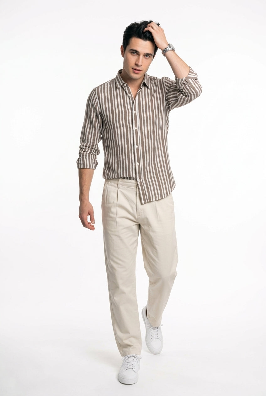 Taupe & White Vertical Striped Band Collar Regular Fit Casual Shirt For Men