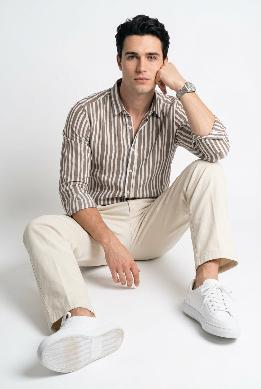 Taupe & White Vertical Striped Band Collar Regular Fit Casual Shirt For Men