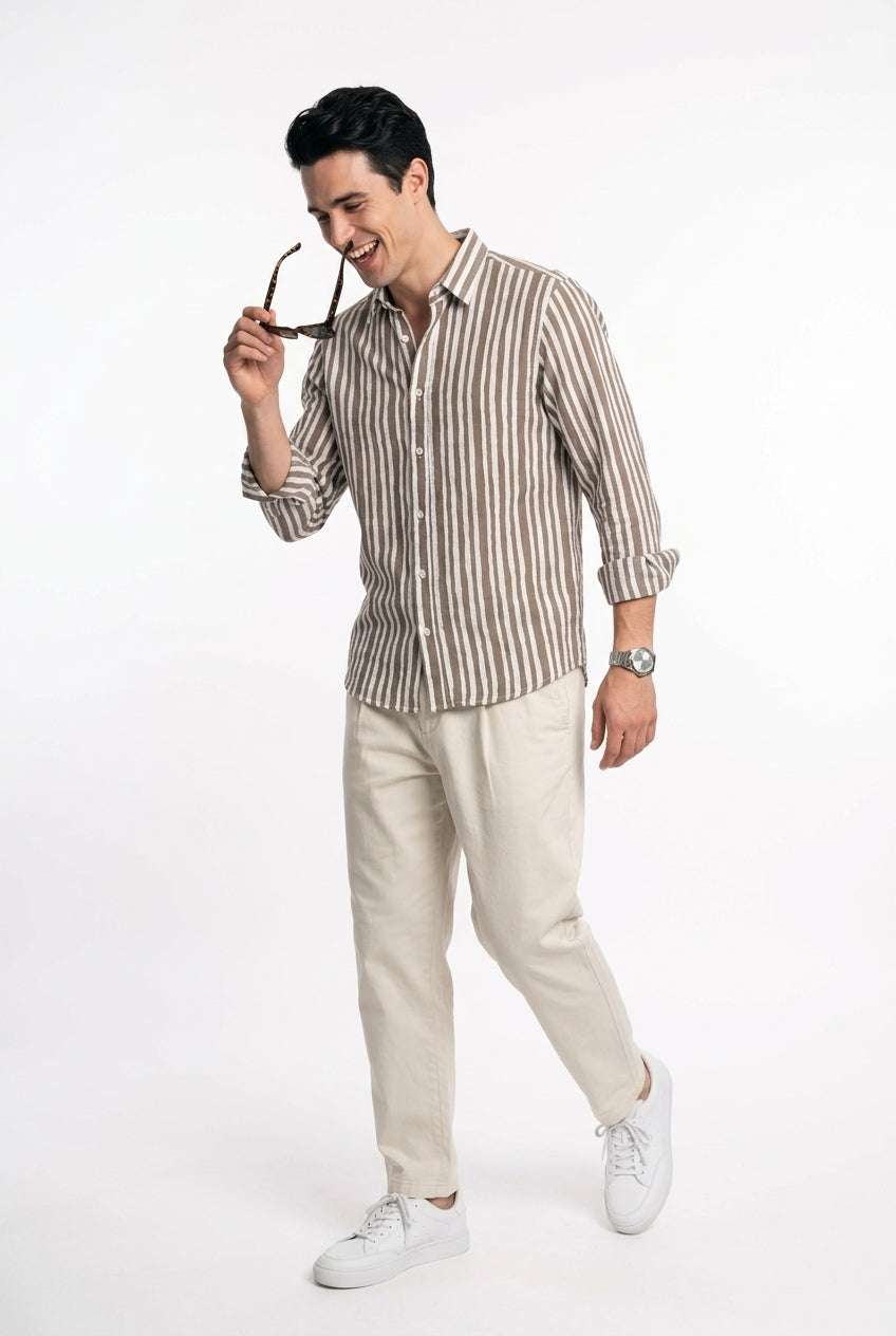Taupe & White Vertical Striped Band Collar Regular Fit Casual Shirt For Men
