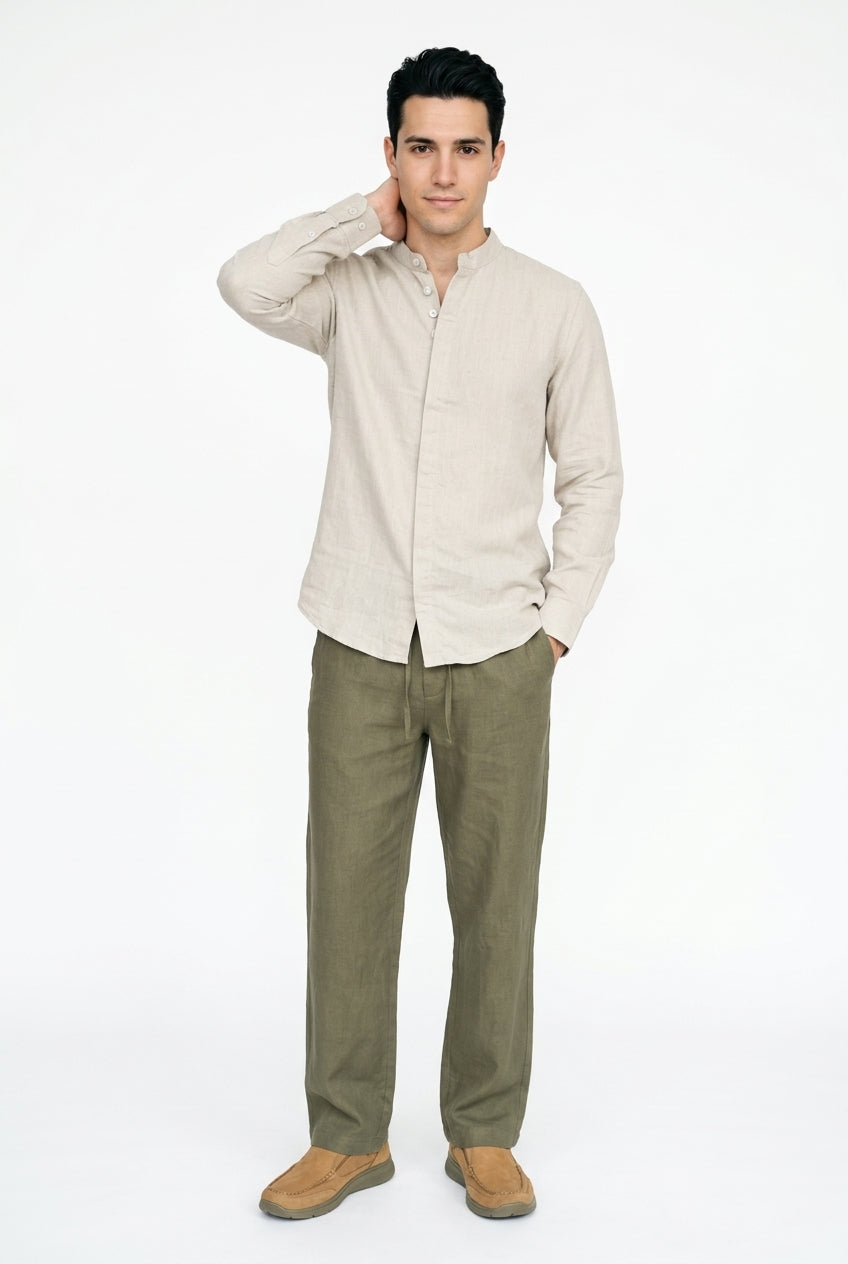 Beige Solid Relaxed Fit Mandarin Collar Cotton Shirt For Men