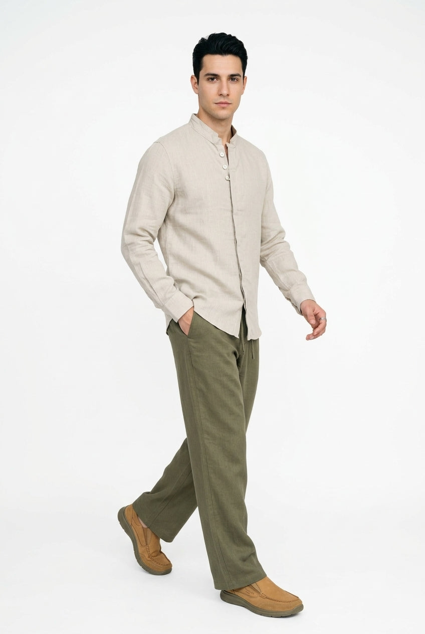 Beige Solid Relaxed Fit Mandarin Collar Cotton Shirt For Men