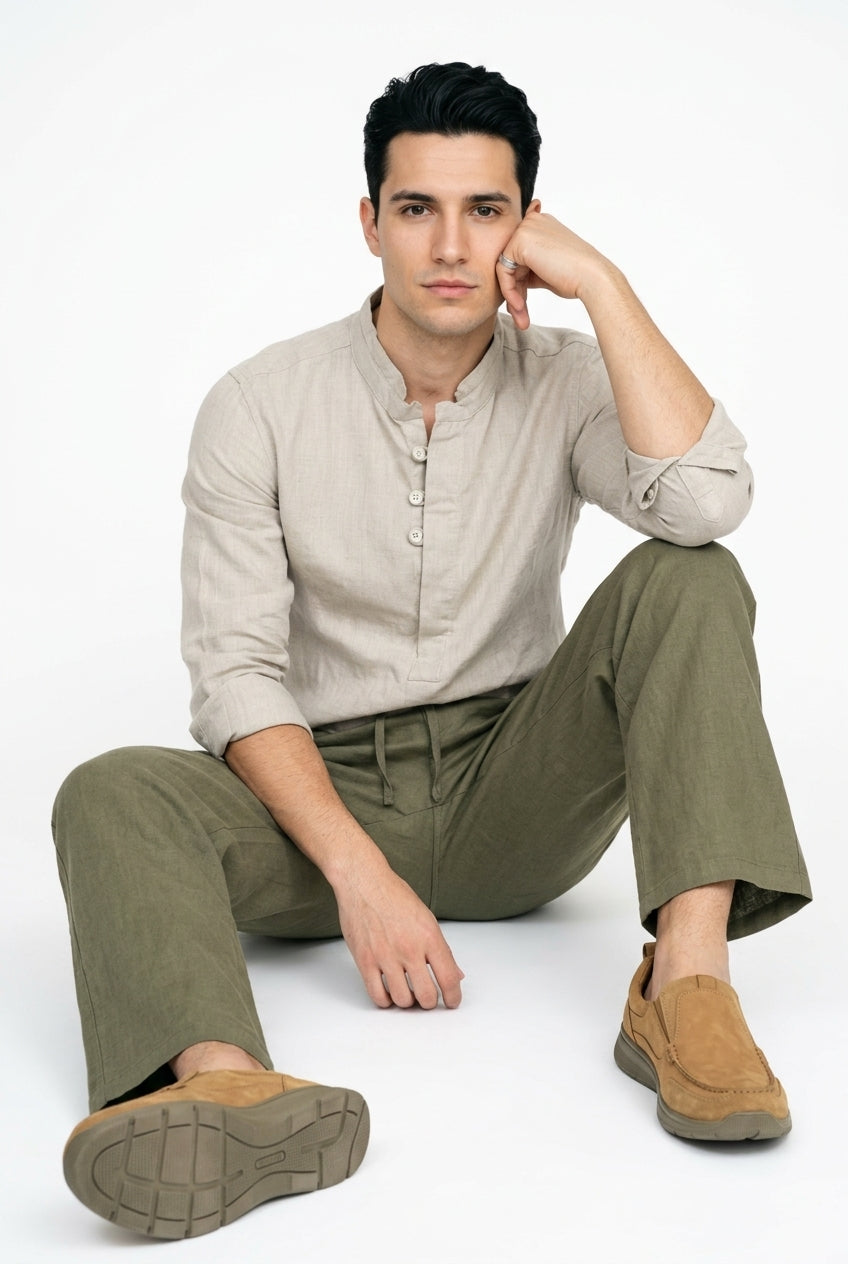 Beige Solid Relaxed Fit Mandarin Collar Cotton Shirt For Men