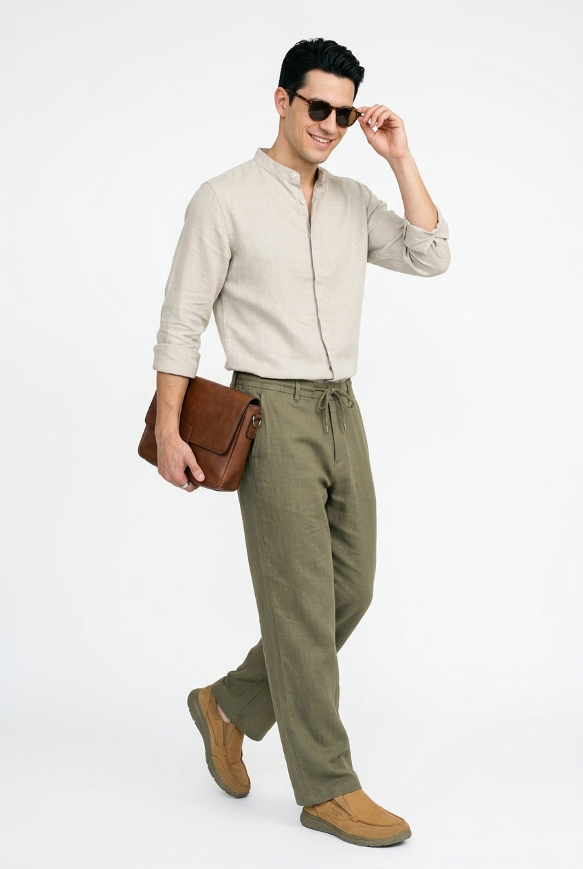 Beige Solid Relaxed Fit Mandarin Collar Cotton Shirt For Men