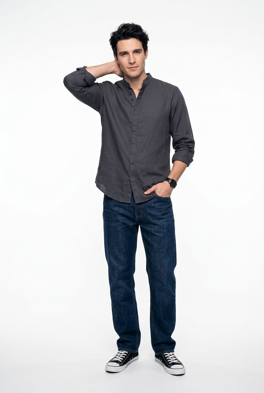 Grey Solid Relaxed Fit Mandarin Collar Cotton Shirt For Men