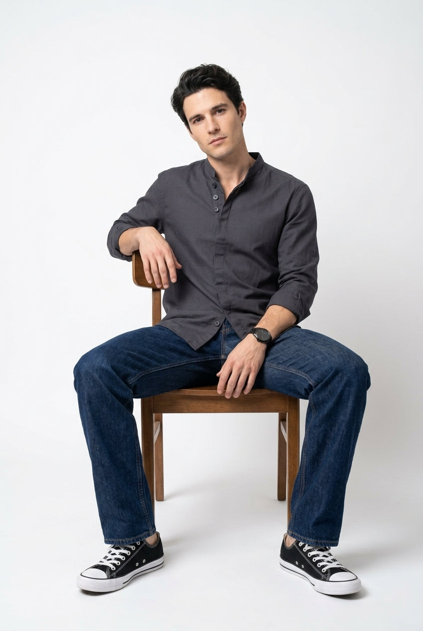 Grey Solid Relaxed Fit Mandarin Collar Cotton Shirt For Men