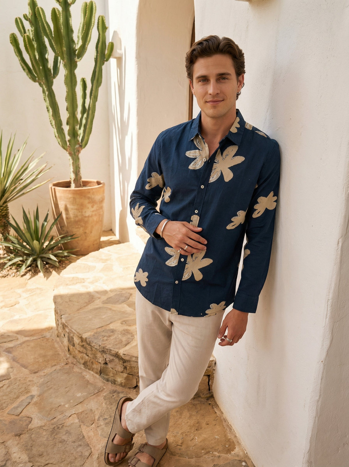 Navy Blue Floral Print Cotton Spread Collar Shirt For Men
