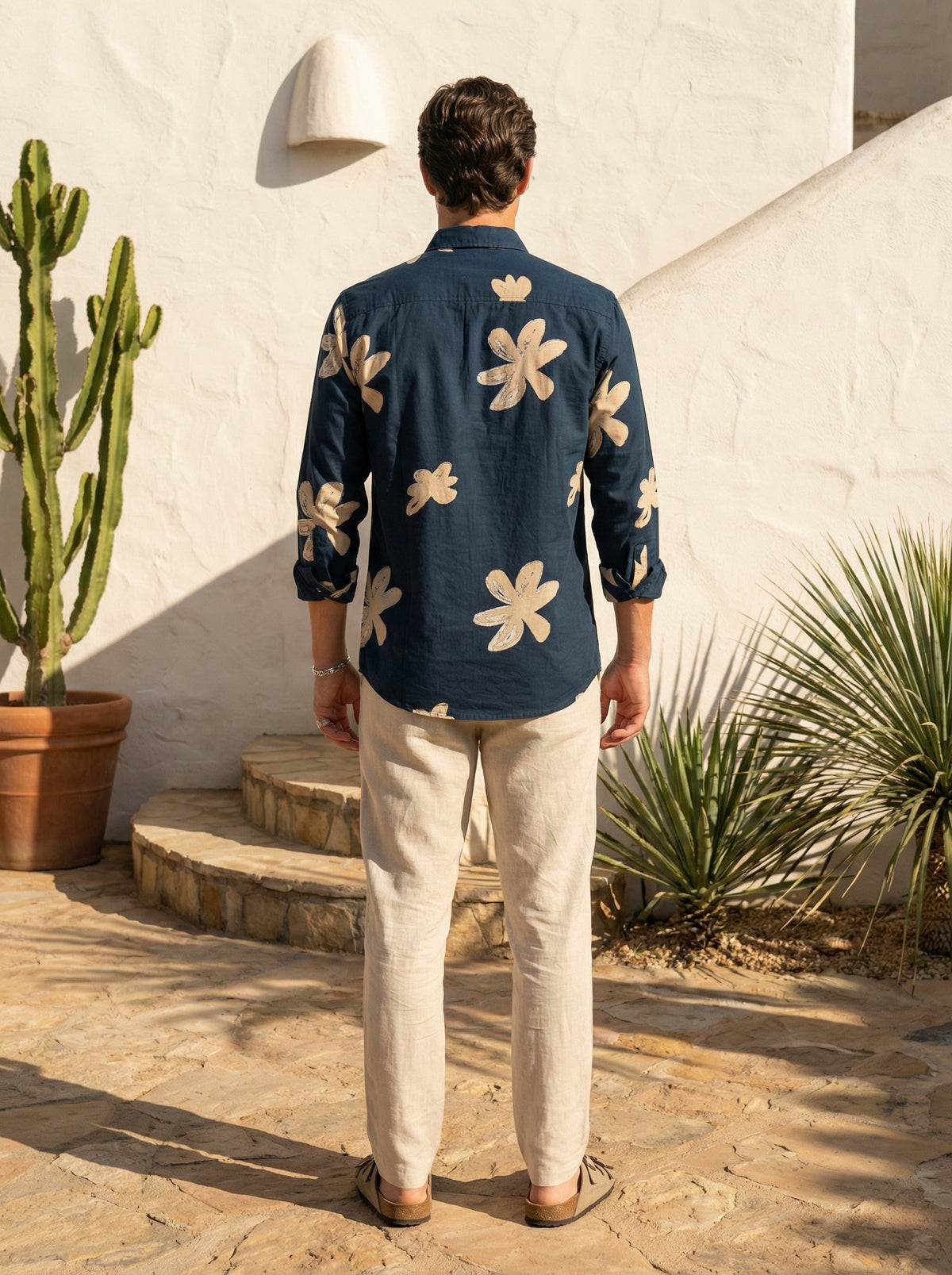 Navy Blue Floral Print Cotton Spread Collar Shirt For Men